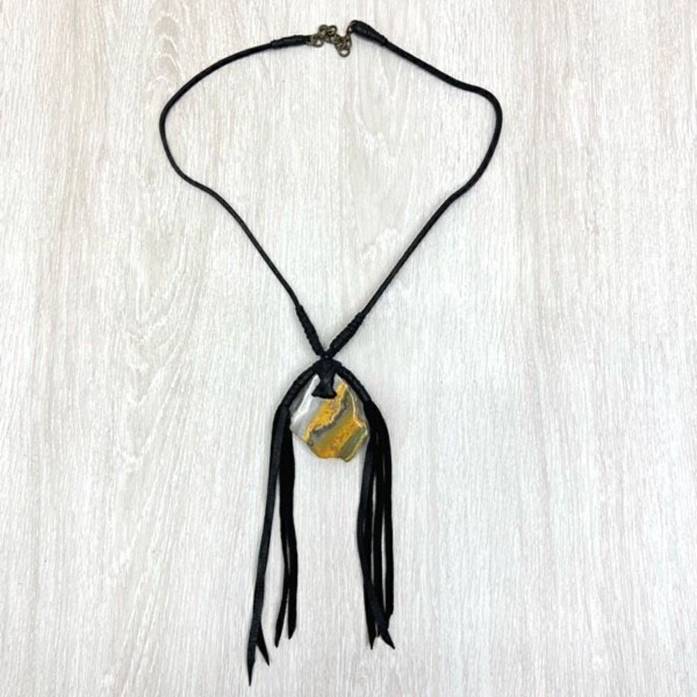 Bumblebee Jasper And Leather Necklace Rough Cut Pendant 14” Chain Drop Large
